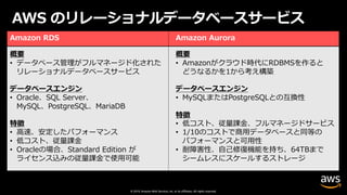 © 2019, Amazon Web Services, Inc. or its affiliates. All rights reserved.
AWS のリレーショナルデータベースサービス
Amazon RDS Amazon Aurora
概要
• データベース管理がフルマネージド化された
リレーショナルデータベースサービス
データベースエンジン
• Oracle、SQL Server、
MySQL、PostgreSQL、MariaDB
特徴
• ⾼速、安定したパフォーマンス
• 低コスト、従量課⾦
• Oracleの場合、Standard Edition が
ライセンス込みの従量課⾦で使⽤可能
概要
• Amazonがクラウド時代にRDBMSを作ると
どうなるかを1から考え構築
データベースエンジン
• MySQLまたはPostgreSQLとの互換性
特徴
• 低コスト、従量課⾦、フルマネージドサービス
• 1/10のコストで商⽤データベースと同等の
パフォーマンスと可⽤性
• 耐障害性、⾃⼰修復機能を持ち、64TBまで
シームレスにスケールするストレージ
 