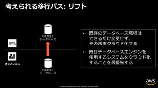 © 2019, Amazon Web Services, Inc. or its affiliates. All rights reserved.
考えられる移⾏パス: リフト
• 既存のデータベース環境は
できるだけ変更せず、
そのままクラウド化する
• 既存データベースエンジンを
使⽤するシステムをクラウド化
することを最優先するオンプレミス
 