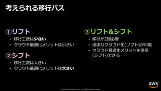 © 2019, Amazon Web Services, Inc. or its affiliates. All rights reserved.
考えられる移⾏パス
①リフト
• 移⾏⼯数は少ない
• クラウド最適化メリットは⼩さい
②シフト
• 移⾏⼯数は⼤きい
• クラウド最適化メリットは⼤きい
③リフト&シフト
• 移⾏が2回必要
• 迅速なクラウド化(リフト)が可能
• クラウド最適化メリットを享受
(シフト)できる
 