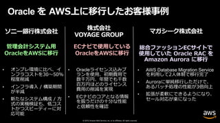 © 2019, Amazon Web Services, Inc. or its affiliates. All rights reserved.
Oracle を AWS上に移⾏したお客様事例
マガシーク株式会社
総合ファッションECサイトで
使⽤していた Oracle RAC を
Amazon Aurora に移⾏
• AWS Database Migration Service
を利⽤して2⼈体制で移⾏完了
• Auroraに単純移⾏しただけで、
あるバッチ処理の性能が3倍向上
• 拡張が柔軟にできるようになり、
セール対応が楽になった
株式会社
VOYAGE GROUP
ECナビで使⽤している
OracleをAWSに移⾏
• Oracleライセンス込みプ
ランを使⽤、初期費⽤で
数千万円、年間でも千数
百万円ほどのライセンス
費⽤の削減を実現
• ECナビのコアとなる情報
を扱うだけの⼗分な性能
と信頼性を確認
ソニー銀⾏株式会社
管理会計システム⽤
OracleをAWSに移⾏
• オンプレ環境に⽐べ、イ
ンフラコストを30〜50%
程度削減
• インフラ導⼊ / 構築期間
が半減
• 新たなシステム構成 / ⽅
式の実機検証も、低コス
トかつスピーディーに対
応可能
 