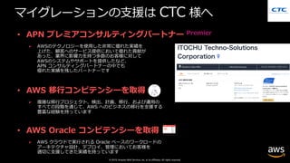 © 2019, Amazon Web Services, Inc. or its affiliates. All rights reserved.
• APN プレミアコンサルティングパートナー
Ø
• AWS 移⾏コンピテンシーを取得
Ø
• AWS Oracle コンピテンシーを取得
Ø
マイグレーションの⽀援は CTC 様へ
Premier
 