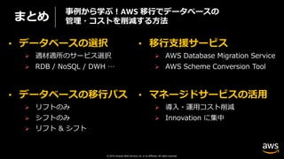 © 2019, Amazon Web Services, Inc. or its affiliates. All rights reserved.
• データベースの選択
Ø 適材適所のサービス選択
Ø RDB / NoSQL / DWH …
• データベースの移⾏パス
Ø リフトのみ
Ø シフトのみ
Ø リフト & シフト
• 移⾏⽀援サービス
Ø AWS Database Migration Service
Ø AWS Scheme Conversion Tool
• マネージドサービスの活⽤
Ø 導⼊・運⽤コスト削減
Ø Innovation に集中
事例から学ぶ︕AWS 移⾏でデータベースの
管理・コストを削減する⽅法まとめ
 
