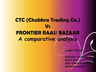 CTC (Chabbra Trading Co.)
Vs
FRONTIER RAAS/ BAZAAR
A comparative analysis
SUBMITTED BYRADHIKA GROVER
NEHA SINHA
ENA TONDON NANDI
BHUMIKA SINGH

 