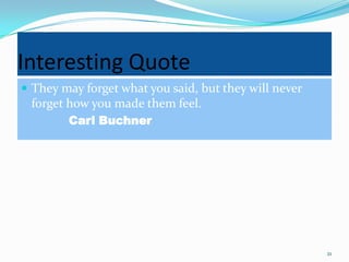 Interesting Quote
 They may forget what you said, but they will never
 forget how you made them feel.
        Carl Buchner




                                                       21
 