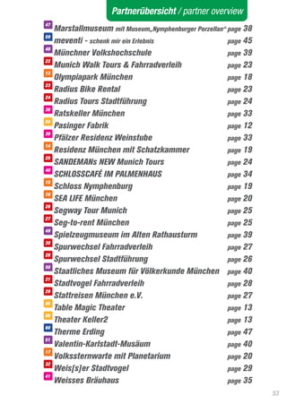 Partnerübersicht / partner overview
47
     Marstallmuseum mit Museum„Nymphenburger Porzellan“	page 38
59
     meventi - schenk mir ein Erlebnis	 		page 45
48
     Münchner Volkshochschule 			                       page 39
22
     Munich Walk Tours & Fahrradverleih 		              page 23
13
     Olympiapark München 			                            page 18
23
     Radius Bike Rental 			                             page 23
24
     Radius Tours Stadtführung			                       page 24
38
     Ratskeller München		                  	page 33
04
     Pasinger Fabrik 				                               page 12
39
     Pfälzer Residenz Weinstube			                      page 33
14
     Residenz München mit Schatzkammer		                page 19
25
     SANDEMANs NEW Munich Tours		                       page 24
40
     SCHLOSSCAFÉ IM PALMENHAUS		                        page 34
15
     Schloss Nymphenburg			                             page 19
16
     SEA LIFE München				                               page 20
26
     Segway Tour Munich			                              page 25
27
     Seg-to-rent München			                             page 25
49
     Spielzeugmuseum im Alten Rathausturm	              page 39
30
     Spurwechsel Fahrradverleih			                      page 27
28
     Spurwechsel Stadtführung		            	page 26
50
     Staatliches Museum für Völkerkunde München	page 40
31
     Stadtvogel Fahrradverleih			                       page 28
29
     Stattreisen München e.V.			                        page 27
05
     Table Magic Theater			                             page 13
06
     Theater Keller2				page 13
60
     Therme Erding				page 47
51
     Valentin-Karlstadt-Musäum			                       page 40
17
     Volkssternwarte mit Planetarium		                  page 20
32
     Weis[s]er Stadtvogel			                            page 29
41
     Weisses Bräuhaus				page 35
                                                                  53
 