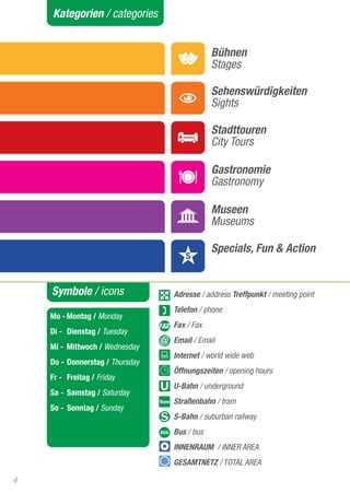 Kategorien / categories


                                             Bühnen
                                             Stages

                                             Sehenswürdigkeiten
                                             Sights

                                             Stadttouren
                                             City Tours

                                             Gastronomie
                                             Gastronomy

                                             Museen
                                             Museums

                                             Specials, Fun & Action


    Symbole / icons              Adresse / address Treffpunkt / meeting point
                                 Telefon / phone
    Mo - Montag / Monday
                                 Fax / Fax
    Di - Dienstag / Tuesday
                                 Email / Email
    Mi - Mittwoch / Wednesday
                                 Internet / world wide web
    Do - Donnerstag / Thursday
                                 Öffnungszeiten / opening hours
    Fr - Freitag / Friday
                                 U-Bahn / underground
    Sa - Samstag / Saturday
                                 Straßenbahn / tram
    So - Sonntag / Sunday
                                 S-Bahn / suburban railway
                                 Bus / bus
                                 INNENRAUM / INNER AREA
                                 GESAMTNETZ / TOTAL AREA

4
 