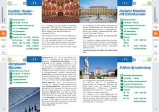 12                               - € 1,-                                                                                                                            - € 1,-                               14
                          PARTNER                                                                                                                                                                                    PARTNER
Sehenswürdigkeiten




                                                                                                                                                                                                                                    Sehenswürdigkeiten
                     Cuvilliés-Theater -                                                                                                                                                Residenz München 	
                     in der Residenz München                                                                                                                                            mit Schatzkammer
Sights




                                                                                                                                                                                                                                    Sights
                          Residenzstraße 1		                                                                                                                                              Residenzstraße 1
                          +49 (0) 89 - 29 06 71 		                                                                                                                                        +49 (0) 89 - 29 06 71
                          www.residenz-muenchen.de               € 1,- Ermäßigung auf den regulären Eintrittspreis            € 1,- Ermäßigung auf den regulären Eintrittspreis (alle     www.residenz-muenchen.de
                                                                 (Einzelkarte € 2,50 statt € 3,50, Gesamtkarte € 10,50        Tickets). Historische Wohn- und Prunkräume aus der
                          3, 4, 5, 6 Odeonsplatz                                                                              Zeit der Renaissance bis zum 19. Jahrhundert, Hof-
                                                                                                                                                                                          3, 4, 5, 6 Odeonsplatz 	
                                                                 statt € 13,-). Das Cuvilliés-Theater, eine Perle des hö-
                          100 Odeonsplatz 		                     fischen Rokoko, ist ein Gesamtkunstwerk von 	                kirchen und -kapellen, Spezialsammlungen (Silber,           100 Odeonsplatz	
                                                                 europäischem Rang.                                           Porzellan, Paramente, Reliquien).
                          19 Nationaltheater		                                                                                                                                            19 Nationaltheater
                                                                 Letzter Einlass eine Stunde vor Ende der Öffnungszeit.       Letzter Einlass eine Stunde vor Ende der Öff-
                          Sommer: Mo - Sa 14:00 - 18:00 Uhr 	                                                                 nungszeit.                                                  Sommer: 		
                                                                 € 1.- reduction on regular entrance fee (€ 2,50 instead
                          So/ Feiertage       9:00 - 18:00 Uhr   of € 3,50, Combination Ticket € 10,50 instead of 	           € 1.- reduction on regular entrance fee (all tickets).      Mo - So         9:00 - 18:00 Uhr
                                                                 € 13,-). The Cuvillés Theater, a jewel of court rococo.      Historic state and living rooms from the Renaissance        Winter: 		
                          Winter: Mo - Sa 14:00 - 17:00 Uhr 	
                                                                 Can be appreciated today in all its former splendour.        up to the 19th century, court churches and chapels,
                          So/ Feiertage      10:00 - 17:00 Uhr   Last admission one hour before the stated closing            special collections (silver, porcelain, ecclesiastical      Mo - So       10:00 - 17:00 Uhr
                                                                 time.                                                        vestments, relics)
                          		                 Ab Mitte Oktober                                                                                                                             		             Ab Mitte Oktober
                                                                                                                              Last admission one hour before the stated closing
                                                                                                                              time.


                                                                 Olympiaturm: Mo - So 9 - 24 Uhr (letzte Auffahrt 23:30
                     13
                          PARTNER
                                                      - € 1,-    Uhr), € 1,- Ermäßigung auf den regulären Preis für                                                                      - € 1,-                     PARTNER
                                                                                                                                                                                                                               15
                                                                 Erwachsene. Olympiastadion-Besichtigung: € 0,50

                     Olympiapark                                 Ermäßigung auf den regulären Eintrittspreis (€ 1,50
                                                                 statt € 2,-). An Veranstaltungstagen sowie evtl. an Auf-
                     München 	                                   und Abbautagen sind Besichtigungen nicht möglich.
                                                                 Erlebnis-Tour: 10 % Ermäßigung auf den regulären Preis                                                                 Schloss Nymphenburg
                          Spiridon-Louis-Ring 21	                (Erwachsene € 8,55, Kinder € 5,85). Mo - So 14 Uhr (außer
                                                                 an Veranstaltungstagen), Treffpunkt: Besucherservice.
                          +49 (0) 89 - 30 67 24 14	              Zeltdach-Tour: 10 % Ermäßigung auf den regulären Preis
                                                                 (Erwachsene € 36,90, Kinder € 27,90). Mo - So 14:30 Uhr                                                                  Neuhausen-Nymphenburg
                          www.olympiapark.de
                                                                 (außer an Veranstaltungstagen), Treffpunkt: Stadionkasse                                                                 +49 (0) 89 - 17 90 80	
                          3 Olympiazentrum	                      Nord, Voranmeldung notwendig. (Preise gültig bis 2011)       € 1,- Ermäßigung auf den regulären Eintrittspreis 	         www.schloss-nymphenburg.de
                          173 Olympiazentrum                     Olympic Tower: Mon - Sun 9 - 24 hrs (last ride up at         (€ 5,- statt € 6,-). Vom 17. - 19. Jahrhundert als
                                                                 23:30 hrs, € 1.- discount on regular admission fee for       Sommerresidenz der bayerischen Kurfürsten und               51 Schloss Nymphenburg
                                                                 adults. Olympic stadium tour: € 0.50 discount on regular     Könige erbaut, Prunk- und Stilräume, Festsaal,              16, 17 Schloss Nymphenburg
                                                                 admission fee (€ 1.50 instead of € 2.-). No tours on event   Schönheitengalerie, Schlosskirche, historischer
                                                                 days and in some cases also not on days of setup or          Schlosspark von D. Girard und F. L. von Sckell.             Sommer: 		
                                                                 disassembly. Adventure tour: 10 % discount on regular        € 1.- reduction on regular entrance fee 	                   Mo - So         9:00 - 18:00 Uhr
                                                                 admission fee (adults € 8.55 children € 5.85). Mon - Sun     (€ 5.- instead of € 6.-). Built between the 17th
                                                                 14 hrs (except on event days); meeting point: visitors‘      and 19th c. as summer residence of the Bavarian             Winter: 		
                                                                 centre. Tent roof tour: 10 % discount on regular admission   electors and kings, state rooms, gallery of beauties,
                                                                 fee (adults € 36.90, children € 27.90). Mon - Sun 14:30                                                                  Mo - So       10:00 - 16:00 Uhr
                                                                                                                              banqueting hall, palace church, historic palace park
                                                                 hrs (except on event days); meeting point: stadium ticket    by D. Girard and F. L. von Sckell.                              		         Ab Mitte Oktober 	
                                                                 office (north), advance reservation required. 	
                                                                 (Prices valid to 2011)                                                                                                   	
                                                                                                                                                                                          			
     18                                                                                                                                                                                                                                 19
 
