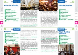 1 Cappuccino oder
             36                              2 Kugeln Eis                                                                                                                             1 Getränk                                38
                  PARTNER                                                                                                                                                                                            PARTNER



             Hofer - der Stadtwirt                                                                                                                                                   Ratskeller München
Gastronomy




                                                                                                                                                                                                                                    Gastronomy
Gastro




                                                                                                                                                                                                                                    Gastro
                  Burgstraße 5	                                                                                                                                                          Marienplatz 8	
                  + 49 (0) 89 - 24 21 04 44	                   Lassen Sie sich im Hofer-der-Stadtwirt, in einem                                                                          + 49 (0) 89 - 21 99 89 0	
                                                               der ältesten Bürgerhäuser Münchens (Baujahr                 In besonderem Ambiente verwöhnt der Ratskeller
                  www.hofer-der-stadtwirt.de                   1551/1552), kulinarisch mit unseren bayrisch-ös-            mit phantasievollen, kulinarischen Genüssen,                  www.ratskeller.com
                                                               terreichischen Spezialitäten verwöhnen. Egal ob in          bayerischen Schmankerln und hervorragenden
                  3, 6 Marienplatz                                                                                         Weinen. Sonntagsbrunch, Winzerfeste und viele                 3, 6 Marienplatz	
                                                               unserem Laubenhof, in unserem gotischen Kellerge-
                  1, 2, 3, 4, 6, 7, 8 Marienplatz 	            wölbe, in einem der Zimmer im Obergeschoss oder             weitere Veranstaltungen versprechen unvergeßliche             1, 2, 3, 4, 6, 7, 8 Marienplatz 	
                                                               in der Stadtwirtschaft im Erdgeschoss. Beim Verzehr         Stunden. Für Erwachsene gibt es ein Glas Juliusspital
                  52, 132 Marienplatz                                                                                      Secco pur oder mit Mango o. Aperol gratis und Kinder          52, 132 Marienplatz	
                                                               eines Hauptgerichts bekommen Sie 	*einen Cappuc-
                  19 Haltestelle Nationaltheater oder          cino oder zwei Kugeln Eis auf Haus.                         bekommen ein Glas alkoholfreien Traubensecco oder
                                                                                                                                                                                         19 Theatinerstraße	
                                                                                                                           einen Mangosaft. Why not indulge yourself with a
                  Haltestelle Theatinerstraße                  Why not treat yourself to a visit to the Hofer-der-Stadt-   glass of wine and enjoy the imaginative, culinary             Täglich / daily       10:00 - 0:00 Uhr
                                                               wirt, one of Munich’s oldest townhouses (built 1551-        delights and Bavarian specialities on offer in the very
                  Mo - Sa             10:00 - 0:00 Uhr         1552) and enjoy the delights of traditional Bavarian-       special setting of the Munich Ratskeller. Whether you
                                                               Austrian cuisine. You can dine in our indoor courtyard,     come for Sunday brunch, to the wine-festival or one           	
                                                               in our Gothic vaulted cellar, in one of the rooms on the    of the many other events, we guarantee you won’t
                                                               upper floor or, if you prefer, in the old-Munich style      forget the experience. Adults can enjoy a free glass
                                                               bar and restaurant on the ground floor. *Claim your         of Juliusspital Secco, either neat or with mango-juice
                                                               free cappuccino or two scoops of ice-cream on the           or Aperol and kids can have a glass of non-alcoholic
                                                               house – available with purchase of any main meal.           sparkling grape-juice or mango-juice.

                                        1 Glas Secco ‚Carlo‘                                                                                                                         vergünstigtes
             37                                                                                                                                                                                                                39
                  PARTNER                 oder 1 Espresso
                                                               Der Klinglwirt ist ein bayrisches Wirtshaus im Stadtteil
                                                                                                                                                                                     Mittagessen                     PARTNER
                                                                                                                           Die Pfälzer Residenz Weinstube seit 1950 ein 	
             Klinglwirt                                        Haidhausen (3 Min. vom Rosenheimer Platz), ein biss-
                                                               chen so wie es früher war, mit einer kleinen Auswahl
                                                                                                                           bekannter Treffpunkt der Liebhaber Pfälzer Weine
                                                                                                                           zählt zu bekanntesten Weinlokalen Deutschlands und        Pfälzer Residenz
                  Balanstraße 16, 81669 München
                                                               hausgemachter Spezialitäten, mit Fleisch aus ökolo-
                                                               gischer Viehwirtschaft. Die Einrichtung ist gemütlich
                                                                                                                           das mitten in der Bayrischen Landeshauptstadt. Der
                                                                                                                           Landesverband der Pfälzer in Bayern betreibt in der       Weinstube
                  +49 (0) 89 - 85 67 61 99                     rustikal und doch originell. Kommt vorbei und genießt       ehemals königlichen bayrischen Residenz ein Wein-
                                                               authentische bayrische Lebensart.                                                                                         Residenzstraße 1	
                                                                                                                           stube, die für Ihre guten und preiswerten 		
                  www.klinglwirt.de                                                                                        Pfälzer Weine bekannt ist. Die Küche ist für Ihre Pfäl-       + 49 (0) 89 - 22 56 28	
                                                               Inhaber der CityTourCard erhalten 1 Glas Secco ‚Car-
                  1, 2, 3, 4, 6, 7, 8 Rosenheimer Platz        lo‘ oder 1 Espresso                                         zer Spezialitäten sowie für ihren leckeren Flammku-
                                                                                                                                                                                         www.residenzweinstube.de
                                                                                                                           chen berühmt. Werktags preiswerter Mittagstisch
                  139, 144, 145 Balanstrasse                   (gilt nur in Verbindung mit einem Hauptgericht).            ab € 4,90. Die Pfälzer Residenz Weinstube freut sich          3, 4, 5, 6 Odeonsplatz	
                  15, 25 Rosenheimer Platz                                                                                 auf Ihren Besuch. The Pfälzer Residenz Weinstube
                                                                                                                           right in the heart of Bavaria‘s capital has been a mec-       100 Odeonsplatz
                  So - Fr 	          11:00 - 0:00 Uhr          The Klinglwirt is an authentic Bavarian guesthouse
                                                                                                                           ca for fans of Pfälzer wines since 1950 and is one of
                                                               in Haidhausen (3 minutes away from Rosenheimer                                                                            19 Theatinerstraße 		
                  Sa 		              17:00 - 0:00 Uhr          Platz), similar to how it was in the olden days, with a     Germany’s best-known wine bars.	
                                                                                                                                                                                         Täglich / daily   10:00 - 0:30 Uhr
                                                               small selection of homemade specialities, with meat         			
                                                               from organic livestock farms. The furnishings are cosy      Run by the Pfalz Association of Bavaria, the bar offers       	                                               P FÄLZ
                                                               and rustic and yet original. Just pop by and enjoy the      several very good (and reasonably-priced) Pfälzer
                                                               authentic Bavarian flair.                                   wines in what was once the royal residence of the
                                                               CityTourCard holders receive 1 glass of Secco Carlo         Bavarian kings. The kitchen is famed for the Pfälzer
                                                               or 1 espresso                                               specialities it serves as well as its delicious 		
                                                                                                                                                                                                                                                  P
                                                                                                                           savoury flans (“Flammkuchen”). Cheap lunchtime                                                                        T
                                                               (offer only applies in conjunction with a main meal).       menu available (prices from € 4.90). The Pfälzer                                                                      A
                                                                                                                           Residenz Weinstube looks forward to your visit.
                                                                                                                                                                                                                                          Sonn
  32                                                                                                                                                                                                                                  33
 