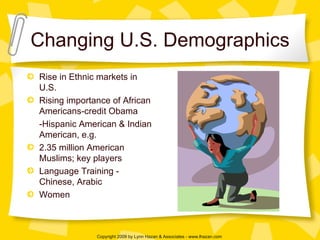 Changing U.S. Demographics Rise in Ethnic markets in U.S.  Rising importance of African Americans-credit Obama -Hispanic American & Indian American, e.g.  2.35 million American Muslims; key players Language Training - Chinese, Arabic  Women  