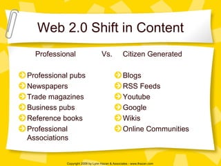 Web 2.0 Shift in Content Professional Professional pubs Newspapers Trade magazines Business pubs Reference books Professional Associations Citizen Generated Blogs RSS Feeds Youtube Google Wikis Online Communities Vs. 