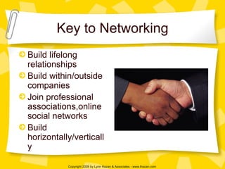 Key to Networking Build lifelong relationships Build within/outside companies  Join professional associations,online social networks Build horizontally/vertically 