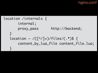 location /internals { 
internal; 
proxy_pass http://backend; 
} 
location ~ /([^/]+)/files/(.*)$ { 
content_by_lua_file content_file.lua; 
} 
nginx.conf 
 