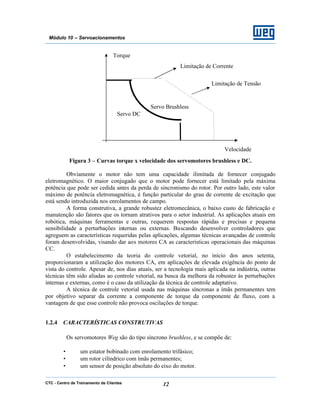 CTC - Centro de Treinamento de Clientes 12
Módulo 10 – Servoacionamentos
Figura 3 – Curvas torque x velocidade dos servomotores brushless e DC.
Obviamente o motor não tem uma capacidade ilimitada de fornecer conjugado
eletromagnético. O maior conjugado que o motor pode fornecer está limitado pela máxima
potência que pode ser cedida antes da perda de sincronismo do rotor. Por outro lado, este valor
máximo de potência eletromagnética, é função particular do grau de corrente de excitação que
está sendo introduzida nos enrolamentos de campo.
A forma construtiva, a grande robustez eletromecânica, o baixo custo de fabricação e
manutenção são fatores que os tornam atrativos para o setor industrial. As aplicações atuais em
robótica, máquinas ferramentas e outras, requerem respostas rápidas e precisas e pequena
sensibilidade a perturbações internas ou externas. Buscando desenvolver controladores que
agreguem as características requeridas pelas aplicações, algumas técnicas avançadas de controle
foram desenvolvidas, visando dar aos motores CA as características operacionais das máquinas
CC.
O estabelecimento da teoria do controle vetorial, no início dos anos setenta,
proporcionaram a utilização dos motores CA, em aplicações de elevada exigência do ponto de
vista do controle. Apesar de, nos dias atuais, ser a tecnologia mais aplicada na indústria, outras
técnicas têm sido aliadas ao controle vetorial, na busca da melhora da robustez às perturbações
internas e externas, como é o caso da utilização da técnica de controle adaptativo.
A técnica de controle vetorial usada nas máquinas síncronas a ímãs permanentes tem
por objetivo separar da corrente a componente de torque da componente de fluxo, com a
vantagem de que esse controle não provoca oscilações de torque.
1.2.4 CARACTERÍSTICAS CONSTRUTIVAS
Os servomotores Weg são do tipo síncrono brushless, e se compõe de:
• um estator bobinado com enrolamento trifásico;
• um rotor cilíndrico com ímãs permanentes;
• um sensor de posição absoluto do eixo do motor.
Torque
Velocidade
Servo DC
Servo Brushless
Limitação de Corrente
Limitação de Tensão
 