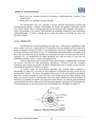 CTC - Centro de Treinamento de Clientes 14
Módulo 10 – Servoacionamentos
• Motor com f.e.m. senoidal, inversor de seis pulsos e estabilização por “feedback” e/ou
“feedforward”;
• Motor com f.e.m. senoidal e inversor senoidal.
Os acionamentos com f.e.m. senoidal e inversor senoidal representam a solução que
conceitualmente garante a máxima uniformidade de rotação em qualquer velocidade, mesmo
com circuito aberto. Este é o método utilizado nos servomotores Weg. Segundo esta técnica, o
motor vem acoplado a um inversor PWM senoidal, de amplitude, freqüência e fase controláveis
independentemente. O motor é dotado de um sensor de posição de precisão do rotor, com
elevada resolução.
1.2.4.2 RESOLVER
São transdutores rotativos projetados de modo que o coeficiente de acoplamento entre
rotor e estator varie com o ângulo do eixo. Enrolamentos fixos são alojados sobre um pacote de
chapas laminadas, formando o estator, e os enrolamentos móveis são alojados sobre um pacote
de chapas laminadas para formar o rotor. Os enrolamentos estão posicionados em ângulos retos
(90°), uns em relação aos outros. Quando um enrolamento do rotor é excitado com um sinal de
referência CA, os enrolamentos do estator produzem uma saída de tensão CA que varia em
amplitude conforme o seno e o coseno da posição do eixo.
Entre os dispositivos mais comumente usados para fornecer a realimentação de posição
em motores síncronos de imãs permanentes encontra-se o Resolver. Uma das vantagens
principais é que a leitura da posição é de forma absoluta bem como a robustez, já que este tem
características construtivas similares ao motor.
O resolver usado em servomotores apresenta uma estrutura básica conforme a
apresentada na figura (4). Um sinal de alta freqüência é transferido do rotor através de um
transformador circular. No estator são gerados então sinais CA de alta freqüência, modulados
pelo seno e coseno do ângulo do rotor. Este sinal, não é muito útil em sua forma original, desta
forma um circuito externo se faz necessário para criar valores utilizáveis à nível do controle. O
sinal deve na realidade ser tratado para que possa então fornecer um valor de posição absoluta
(este tratamento do sinais é feito através de conversores digitais, usualmente já incorporados aos
circuitos eletrônicos do servoconversor) e um sinal analógico de velocidade (ver figura 5).
§
§
( Excitação )
§ §
§
§+
Rotor
Estator
Cosseno modulado
em alta freqüência
Seno modulado
em alta freqüência
S1 S2
C1
C2
E2
E1
Figura 4 – Estrutura básica do resolver.
 