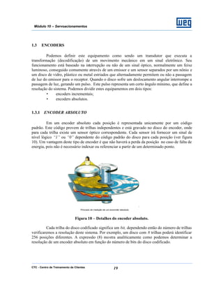 CTC - Centro de Treinamento de Clientes 19
Módulo 10 – Servoacionamentos
1.3 ENCODERS
Podemos definir este equipamento como sendo um transdutor que executa a
transformação (decodificação) de um movimento mecânico em um sinal eletrônico. Seu
funcionamento está baseado na interrupção ou não de um sinal óptico, normalmente um feixe
luminoso, conseguido comumente através de um emissor e um sensor separados por um nônio e
um disco de vidro, plástico ou metal estriados que alternadamente permitem ou não a passagem
de luz do emissor para o receptor. Quando o disco sofre um deslocamento angular interrompe a
passagem de luz, gerando um pulso. Este pulso representa um certo ângulo mínimo, que define a
resolução do sistema. Podemos dividir estes equipamentos em dois tipos:
• encoders incrementais;
• encoders absolutos.
1.3.1 ENCODER ABSOLUTO
Em um encoder absoluto cada posição é representada unicamente por um código
padrão. Este código provem de trilhas independentes e está gravado no disco do encoder, onde
para cada trilha existe um sensor óptico correspondente. Cada sensor irá fornecer um sinal de
nível lógico “1” ou “0” dependente do código padrão do disco para cada posição (ver figura
10). Um vantagem deste tipo de encoder é que não haverá a perda da posição no caso de falta de
energia, pois não é necessário indexar ou referenciar a partir de um determinado ponto.
Princípio de medição de um enconder absoluto
Figura 10 – Detalhes do encoder absoluto.
Cada trilha do disco codificado significa um bit, dependendo então do número de trilhas
verificaremos a resolução deste sistema. Por exemplo, um disco com 8 trilhas poderá identificar
256 posições diferentes. A expressão (8) mostra analiticamente como podemos determinar a
resolução de um encoder absoluto em função do número de bits do disco codificado.
 
