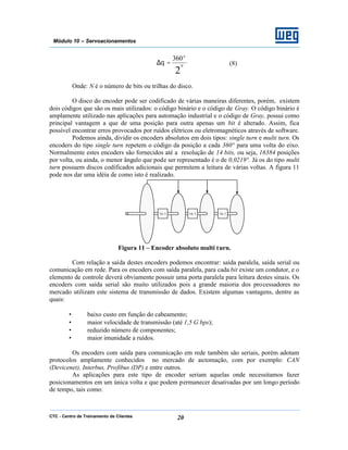 CTC - Centro de Treinamento de Clientes 20
Módulo 10 – Servoacionamentos
2
360
N
o
=∆θ (8)
Onde: N é o número de bits ou trilhas do disco.
O disco do encoder pode ser codificado de várias maneiras diferentes, porém, existem
dois códigos que são os mais utilizados: o código binário e o código de Gray. O código binário é
amplamente utilizado nas aplicações para automação industrial e o código de Gray, possui como
principal vantagem a que de uma posição para outra apenas um bit é alterado. Assim, fica
possível encontrar erros provocados por ruídos elétricos ou eletromagnéticos através de software.
Podemos ainda, dividir os encoders absolutos em dois tipos: single turn e multi turn. Os
encoders do tipo single turn repetem o código da posição a cada 360° para uma volta do eixo.
Normalmente estes encoders são fornecidos até a resolução de 14 bits, ou seja, 16384 posições
por volta, ou ainda, o menor ângulo que pode ser representado é o de 0,0219°. Já os do tipo multi
turn possuem discos codificados adicionais que permitem a leitura de várias voltas. A figura 11
pode nos dar uma idéia de como isto é realizado.
16:1 16:116:1
Figura 11 – Encoder absoluto multi turn.
Com relação a saída destes encoders podemos encontrar: saída paralela, saída serial ou
comunicação em rede. Para os encoders com saída paralela, para cada bit existe um condutor, e o
elemento de controle deverá obviamente possuir uma porta paralela para leitura destes sinais. Os
encoders com saída serial são muito utilizados pois a grande maioria dos processadores no
mercado utilizam este sistema de transmissão de dados. Existem algumas vantagens, dentre as
quais:
• baixo custo em função do cabeamento;
• maior velocidade de transmissão (até 1,5 G bps);
• reduzido número de componentes;
• maior imunidade a ruídos.
Os encoders com saída para comunicação em rede também são seriais, porém adotam
protocolos amplamente conhecidos no mercado de automação, com por exemplo: CAN
(Devicenet), Interbus, Profibus (DP) e entre outros.
As aplicações para este tipo de encoder seriam aquelas onde necessitamos fazer
posicionamentos em um única volta e que podem permanecer desativadas por um longo período
de tempo, tais como:
 