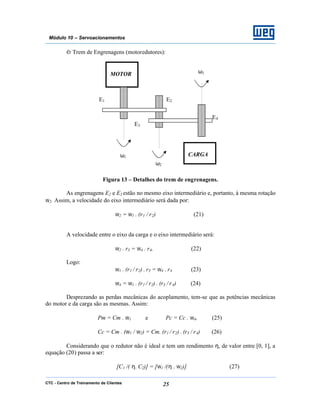 CTC - Centro de Treinamento de Clientes 25
Módulo 10 – Servoacionamentos
èTrem de Engrenagens (motoredutores):
Figura 13 – Detalhes do trem de engrenagens.
As engrenagens E2 e E3 estão no mesmo eixo intermediário e, portanto, à mesma rotação
ω2. Assim, a velocidade do eixo intermediário será dada por:
ω2 = ω1 . (r1 / r2) (21)
A velocidade entre o eixo da carga e o eixo intermediário será:
ω2 . r3 = ω4 . r4, (22)
Logo:
ω1 . (r1 / r2) . r3 = ω4 . r4 (23)
ω4 = ω1 . (r1 / r2) . (r3 / r4) (24)
Desprezando as perdas mecânicas do acoplamento, tem-se que as potências mecânicas
do motor e da carga são as mesmas. Assim:
Pm = Cm . ω1 e Pc = Cc . ω4, (25)
Cc = Cm . (ω1 / ω2) = Cm. (r1 / r2) . (r3 / r4) (26)
Considerando que o redutor não é ideal e tem um rendimento η, de valor entre [0, 1], a
equação (20) passa a ser:
[C1 /( η. C2)] = [ω1 /(η . ω2)] (27)
MOTOR
CARGAω1
ω2
ω3
E1 E2
E3
E4
 