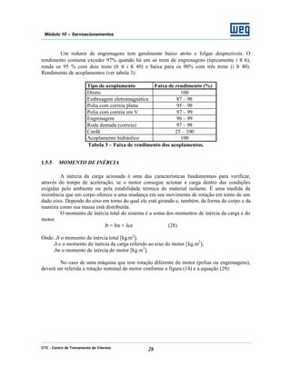 CTC - Centro de Treinamento de Clientes 26
Módulo 10 – Servoacionamentos
Um redutor de engrenagens tem geralmente baixo atrito e folgas desprezíveis. O
rendimento costuma exceder 97% quando há um só trem de engrenagens (tipicamente i ≤ 6),
ronda os 95 % com dois trens (6 ≤ i ≤ 40) e baixa para os 90% com três trens (i ≥ 40).
Rendimento de acoplamentos (ver tabela 3):
Tipo de acoplamento Faixa de rendimento (%)
Direto 100
Embreagem eletromagnética 87 – 98
Polia com correia plana 95 – 98
Polia com correia em V 97 – 99
Engrenagem 96 – 99
Roda dentada (correia) 97 – 98
Cardã 25 – 100
Acoplamento hidráulico 100
Tabela 3 – Faixa de rendimento dos acoplamentos.
1.5.5 MOMENTO DE INÉRCIA
A inércia da carga acionada é uma das características fundamentais para verificar,
através do tempo de aceleração, se o motor consegue acionar a carga dentro das condições
exigidas pelo ambiente ou pela estabilidade térmica do material isolante. É uma medida da
resistência que um corpo oferece a uma mudança em seu movimento de rotação em torno de um
dado eixo. Depende do eixo em torno do qual ele está girando e, também, da forma do corpo e da
maneira como sua massa está distribuída.
O momento de inércia total do sistema é a soma dos momentos de inércia da carga e do
motor.
Jt = Jm + Jce (28)
Onde: Jt o momento de inércia total [kg.m2
];
Jce o momento de inércia da carga referido ao eixo do motor [kg.m2
];
Jm o momento de inércia do motor [kg.m2
].
No caso de uma máquina que tem rotação diferente do motor (polias ou engrenagens),
deverá ser referida a rotação nominal do motor conforme a figura (14) e a equação (29):
 