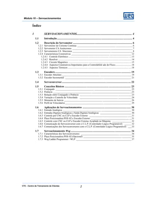 CTC - Centro de Treinamento de Clientes 2
Módulo 10 – Servoacionamentos
Índice
1 SERVOACIONAMENTOS.......................................................................... 4
1.1 Introdução............................................................................................................. 4
1.2 Descrição do Servomotor ...................................................................................... 6
1.2.1 Servomotor de Corrente Contínua ________________________________ ______________6
1.2.2 Servomotor CA Assíncronos ________________________________ __________________ 7
1.2.3 Servomotores CA Síncronos ________________________________ __________________ 8
1.2.4 Características Construtivas ________________________________ __________________12
1.2.4.1 Controle Eletrônico ................................ ................................ ................................ ....13
1.2.4.2 Resolver ................................................................ ................................ ....................14
1.2.4.3 Circuito Magnético ................................ ................................ ................................ ....15
1.2.4.4 Aspectos Construtivos Importantes para a Controlabilid ade do Fluxo..........................18
1.2.4.5 Aspectos Térmicos ................................ ................................................................ .....18
1.3 Encoders .............................................................................................................. 19
1.3.1 Encoder Absoluto________________________________ __________________________ 19
1.3.2 Encoder Incremental ________________________________ _______________________ 21
1.4 Servoconversor.................................................................................................... 22
1.5 Conceitos Básicos ................................................................................................ 23
1.5.1 Conjugado ________________________________ _______________________________ 23
1.5.2 Potência ________________________________ ________________________________ _23
1.5.3 Relação entre Conjugado e Potência ________________________________ ___________23
1.5.4 Variação e Controle de Velocidade: ________________________________ ___________24
1.5.5 Momento de Inércia ________________________________ ________________________ 26
1.5.6 Perfil de Velocidades ________________________________ _______________________ 29
1.6 Aplicações de Servoacionamentos ...................................................................... 30
1.6.1 Entrada Analógica ________________________________ _________________________ 30
1.6.2 Entradas Digitais/Analógicas e Saída Digitais/Analógicas __________________________ 30
1.6.3 Controle por CNC ou CLP e Encoder Externo ________________________________ ___31
1.6.4 Placa Posicionadora POS-02 e Encoder Externo ________________________________ __31
1.6.5 Controle com CNC ou CLP e Encoder Externo Acoplado na Máquina ________________32
1.6.6 Comunicação do Servoconversor com o C.L.P. (Controlador Lógico Programável) ______32
1.6.7 Comunicações dos Servoconversores com o C.L.P. (Controlador Lógico Programável) ___33
1.7 Servoacionamento Weg ....................................................................................... 34
1.7.1 Características dos Servoconversores ________________________________ __________34
1.7.2 Placa Posicionadora POS-02 (Opcional) ________________________________ ________35
1.7.3 Weg Ladder Programmer / WLP ________________________________ ______________37
 