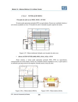 CTC - Centro de Treinamento de Clientes 104
Módulo 1A – Motores Elétricos C.A. de Baixa Tensão
1.7.6.1.2 VENTILAÇÃO MISTA
•Trocador de calor ar-ar (MGF, MAF) - IC 0161
O motor pode apresentar proteção IP55 ou equivalentes. Possui um ventilador interno e
um externo acoplados ao eixo. O trocador de calor é montado na parte superior do motor.
Figura 1.67 - Motor totalmente fechado com trocador de calor ar-ar.
• Aberto (AUTO-VENTILADO) (MGA, MAA, AGA) - IC 01
Neste sistema, o motor pode apresentar proteção IP23, IP24 ou equivalentes,
caracterizando um motor aberto. Possui um ventilador interno acoplado ao eixo, o qual aspira o
ar ambiente que passa através da máquina, fazendo assim a troca de calor.
Figura 1.68 a - Motor aberto (MGA). Figura 1.68 b - Motor aberto (AGA).
 