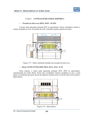 CTC - Centro de Treinamento de Clientes 108
Módulo 1A – Motores Elétricos C.A. de Baixa Tensão
1.7.6.1.3 VENTILAÇÃO BILATERAL SIMÉTRICA
• Trocador de calor ar-ar (MGF, MAF) - IC 0161
O motor pode apresentar proteção IP55 ou equivalentes. Possui ventiladores interno e
externo acoplados ao eixo. O trocador de calor é montado na parte superior do motor.
Figura 1.75 – Motor totalmente fechado com trocador de calor ar-ar.
• Aberto (AUTO-VENTILADO) (MGA, MAA, AGA) - IC 01
Neste sistema, o motor pode apresentar proteção IP23, IP24 ou equivalentes,
caracterizando um motor aberto. Possui dois ventiladores internos acoplados ao eixo, o qual
aspira o ar ambiente que passa através da máquina, fazendo assim a troca de calor como mostra a
figura abaixo:
Figura 1.76 – Motor aberto.
 