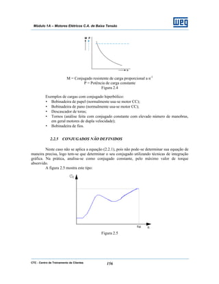 CTC - Centro de Treinamento de Clientes 156
Módulo 1A – Motores Elétricos C.A. de Baixa Tensão
M = Conjugado resistente de carga proporcional a n-1
P = Potência de carga constante
Figura 2.4
Exemplos de cargas com conjugado hiperbólico:
• Bobinadeira de papel (normalmente usa-se motor CC);
• Bobinadeira de pano (normalmente usa-se motor CC);
• Descascador de toras;
• Tornos (análise feita com conjugado constante com elevado número de manobras,
em geral motores de dupla velocidade);
• Bobinadeira de fios.
2.2.5 CONJUGADOS NÃO DEFINIDOS
Neste caso não se aplica a equação (2.2.1), pois não pode-se determinar sua equação de
maneira precisa, logo tem-se que determinar o seu conjugado utilizando técnicas de integração
gráfica. Na prática, analisa-se como conjugado constante, pelo máximo valor de torque
absorvido.
A figura 2.5 mostra este tipo:
Figura 2.5
 