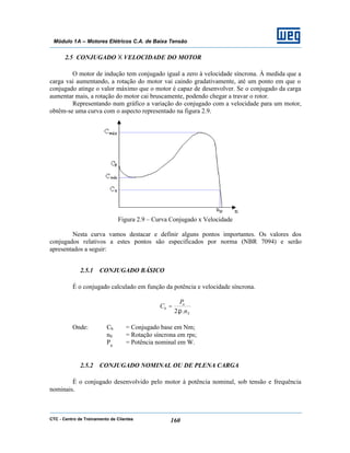 CTC - Centro de Treinamento de Clientes 160
Módulo 1A – Motores Elétricos C.A. de Baixa Tensão
2.5 CONJUGADO X VELOCIDADE DO MOTOR
O motor de indução tem conjugado igual a zero à velocidade síncrona. À medida que a
carga vai aumentando, a rotação do motor vai caindo gradativamente, até um ponto em que o
conjugado atinge o valor máximo que o motor é capaz de desenvolver. Se o conjugado da carga
aumentar mais, a rotação do motor cai bruscamente, podendo chegar a travar o rotor.
Representando num gráfico a variação do conjugado com a velocidade para um motor,
obtêm-se uma curva com o aspecto representado na figura 2.9.
Figura 2.9 – Curva Conjugado x Velocidade
Nesta curva vamos destacar e definir alguns pontos importantes. Os valores dos
conjugados relativos a estes pontos são especificados por norma (NBR 7094) e serão
apresentados a seguir:
2.5.1 CONJUGADO BÁSICO
É o conjugado calculado em função da potência e velocidade síncrona.
S
n
b
n
P
C
..2π
=
Onde: Cb = Conjugado base em Nm;
nS = Rotação síncrona em rps;
Pn
= Potência nominal em W.
2.5.2 CONJUGADO NOMINAL OU DE PLENA CARGA
É o conjugado desenvolvido pelo motor à potência nominal, sob tensão e frequência
nominais.
 