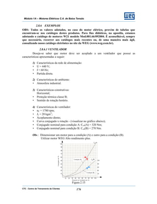 CTC - Centro de Treinamento de Clientes 176
Módulo 1A – Motores Elétricos C.A. de Baixa Tensão
2.8.6 EXEMPLOS
OBS: Todos os valores adotados, no caso do motor elétrico, provém de tabelas que
encontram-se nos catálogos destes produtos. Para fins didáticos, na apostila, estamos
adotando o catálogo de motores W21 modelo Mod.001.66/092004. É aconselhável, sempre
que necessário, recorrer aos catálogos mais recentes ou, de uma maneira mais ágil,
consultando nosso catálogo eletrônico no site da WEG (www.weg.com.br).
2.8.6.1 VENTILADOR
Deseja-se saber que motor deve ser acoplado a um ventilador que possui as
características apresentadas a seguir:
1) Características da rede de alimentação:
• U = 440 V;
• f = 60 Hz;
• Partida direta.
2) Características do ambiente:
• Atmosfera industrial.
3) Características construtivas:
Horizontal;
• Proteção térmica classe B;
• Sentido de rotação horário.
4) Características do ventilador:
• nC = 1780 rpm;
• Jc = 20 kgm2
;
• Acoplamento direto;
• Curva conjugado x rotação - (visualizar no gráfico abaixo);
• Conjugado nominal para condição A: Ccn(A) = 320 Nm;
• Conjugado nominal para condição B: Ccn(B) = 270 Nm.
Obs.: Dimensionar um motor para a condição (A) e outro para a condição (B).
Utilizar motor WEG Alto rendimento plus.
Figura 2.15
 