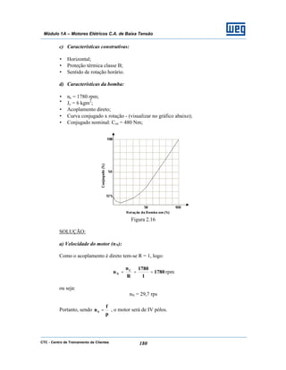 CTC - Centro de Treinamento de Clientes 180
Módulo 1A – Motores Elétricos C.A. de Baixa Tensão
c) Características construtivas:
• Horizontal;
• Proteção térmica classe B;
• Sentido de rotação horário.
d) Características da bomba:
• nc = 1780 rpm;
• Jc = 6 kgm2
;
• Acoplamento direto;
• Curva conjugado x rotação - (visualizar no gráfico abaixo);
• Conjugado nominal: Ccn = 480 Nm;
Figura 2.16
SOLUÇÃO:
a) Velocidade do motor (nN):
Como o acoplamento é direto tem-se R = 1, logo:
1780
1
1780
R
n
n C
N === rpm
ou seja:
nN = 29,7 rps
Portanto, sendo
p
f
nS = , o motor será de IV pólos.
 