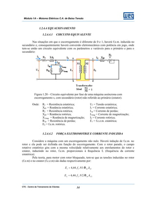 CTC - Centro de Treinamento de Clientes 34
Módulo 1A – Motores Elétricos C.A. de Baixa Tensão
1.2.4.4 EQUACIONAMENTO
1.2.4.4.1 CIRCUITO EQUIVALENTE
Nas situações em que o escorregamento é diferente de 0 e 1, haverá f.e.m. induzida no
secundário e, consequentemente haverá conversão eletromecânica com potência em jogo, onde
tem-se então um circuito equivalente com os parâmetros e variáveis para o primário e para o
secundário:
Figura 1.20 – Circuito equivalente por fase de uma máquina assíncrona com
escorregamento s, com secundário (rotor) não referido ao primário (estator).
Onde: R1 = Resistência estatórica; U1 = Tensão estatórica;
Xd1 = Reatância estatórica; I1 = Corrente estatórica;
R2 = Resistência rotórica; I1p = Corrente de perdas;
Xd2 = Reatância rotórica; I1mag = Corrente de magnetização;
X1mag = Reatância de magnetização; I2 = Corrente rotórica;
R1p = Resistência de perdas; E1 = f.c.e.m. estatórica;
E2 = f.e.m. rotórica.
1.2.4.4.2 FORÇA ELETROMOTRIZ E CORRENTE INDUZIDA
Considere a máquina com um escorregamento não nulo. Haverá indução de f.e.m. no
rotor e ela pode ser definida em função do escorregamento. Com o rotor parado, o campo
rotativo estatórico gira com a mesma velocidade relativamente aos enrolamentos do rotor e
estator, induzindo no rotor, f.e.m. proporcionais à frequência f1 (frequência da corrente
estatórica).
Pela teoria, para motor com rotor bloqueado, tem-se que as tensões induzidas no rotor
(f.e.m) e no estator (f.c.e.m) são dadas respectivamente por:
111 ..1..44,4 em kNfE Φ=
222 ..2..44,4 em kNfE Φ=
 