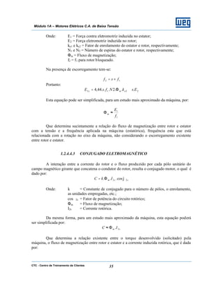 CTC - Centro de Treinamento de Clientes 35
Módulo 1A – Motores Elétricos C.A. de Baixa Tensão
Onde: E1 = Força contra eletromotriz induzida no estator;
E2 = Força eletromotriz induzida no rotor;
ke1 e ke2 = Fator de enrolamento do estator e rotor, respectivamente;
N1 e N2 = Número de espiras do estator e rotor, respectivamente;
Φm = Fluxo de magnetização;
f2 = f1 para rotor bloqueado.
Na presença de escorregamento tem-se:
12 fsf ×=
Portanto:
2212 ...2...44,4 EskNfsE ems ≅Φ=
Esta equação pode ser simplificada, para um estudo mais aproximado da máquina, por:
1
1
f
E
m ≈Φ
Que determina sucintamente a relação do fluxo de magnetização entre rotor e estator
com a tensão e a frequência aplicada na máquina (estatórica), frequência esta que está
relacionada com a rotação no eixo da máquina, não considerando o escorregamento existente
entre rotor e estator.
1.2.4.4.3 CONJUGADO ELETROMAGNÉTICO
A interação entre a corrente do rotor e o fluxo produzido por cada pólo unitário do
campo magnético girante que concatena o condutor do rotor, resulta o conjugado motor, o qual é
dado por:
ssm IkC 22 cos... ϕΦ=
Onde: k = Constante de conjugado para o número de pólos, o enrolamento,
as unidades empregadas, etc.;
cosϕ2s = Fator de potência do circuito rotórico;
Φm = Fluxo de magnetização;
I2s = Corrente rotórica.
Da mesma forma, para um estudo mais aproximado da máquina, esta equação poderá
ser simplificada por:
sm IC 2.Φ≈
Que determina a relação existente entre o torque desenvolvido (solicitado) pela
máquina, o fluxo de magnetização entre rotor e estator e a corrente induzida rotórica, que é dada
por:
 