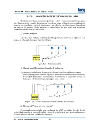 CTC - Centro de Treinamento de Clientes 40
Módulo 1A – Motores Elétricos C.A. de Baixa Tensão
1.3.1.2.1 MONOFÁSICO COM RETORNO POR TERRA (MRT)
O sistema monofásico com retorno por terra – MRT – é um sistema elétrico em que a
terra funciona como condutor de retorno da corrente de carga. Utiliza-se como solução para o
emprego no monofásico a partir de alimentadores que não têm o condutor neutro. Dependendo
da natureza do sistema elétrico existente e características do solo onde será implantado
(geralmente na eletrificação rural) têm-se:
1) Sistema monofilar
É a versão mais prática e econômica do MRT, porém, sua utilização só é possível onde
a saída da subestação de origem é estrela-triângulo.
Figura 1.23 – Sistema monofilar
2) Sistema monofilar com transformador de isolamento
Este sistema possui algumas desvantagens, além do custo do transformador, como:
• Limitação da potência do ramal à potência nominal do transformador de isolamento;
• Necessidade de reforçar o aterramento do transformador de isolamento, pois na sua
falta, cessa o fornecimento de energia para todo o ramal.
Figura 1.24 – Sistema monofilar com transformador de isolamento
3) Sistema MRT na versão neutro parcial
É empregado como solução para a utilização do MRT em regiões de solos de alta
resistividade, quando se torna difícil obter valores de resistência de terra dos transformadores
dentro dos limites máximos estabelecidos no projeto.
 