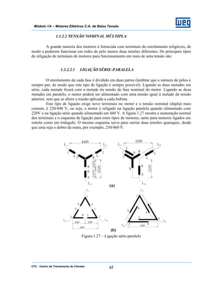CTC - Centro de Treinamento de Clientes 42
Módulo 1A – Motores Elétricos C.A. de Baixa Tensão
1.3.2.2 TENSÃO NOMINAL MÚLTIPLA
A grande maioria dos motores é fornecida com terminais do enrolamento religáveis, de
modo a poderem funcionar em redes de pelo menos duas tensões diferentes. Os principais tipos
de religação de terminais de motores para funcionamento em mais de uma tensão são:
1.3.2.2.1 LIGAÇÃO SÉRIE-PARALELA
O enrolamento de cada fase é dividido em duas partes (lembrar que o número de pólos é
sempre par, de modo que este tipo de ligação é sempre possível). Ligando as duas metades em
série, cada metade ficará com a metade da tensão de fase nominal do motor. Ligando as duas
metades em paralelo, o motor poderá ser alimentado com uma tensão igual à metade da tensão
anterior, sem que se altere a tensão aplicada a cada bobina.
Este tipo de ligação exige nove terminais no motor e a tensão nominal (dupla) mais
comum, é 220/440 V, ou seja, o motor é religado na ligação paralela quando alimentado com
220V e na ligação série quando alimentado em 440 V. A figura 1.27 mostra a numeração normal
dos terminais e o esquema de ligação para estes tipos de motores, tanto para motores ligados em
estrela como em triângulo. O mesmo esquema serve para outras duas tensões quaisquer, desde
que uma seja o dobro da outra, por exemplo, 230/460 V.
Figura 1.27 – Ligação série-paralelo
 