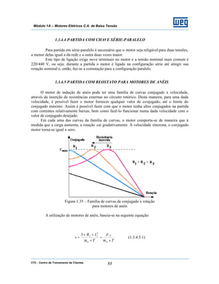 CTC - Centro de Treinamento de Clientes 53
Módulo 1A – Motores Elétricos C.A. de Baixa Tensão
1.3.4.4 PARTIDA COM CHAVE SÉRIE-PARALELO
Para partida em série-paralelo é necessário que o motor seja religável para duas tensões,
a menor delas igual a da rede e a outra duas vezes maior.
Este tipo de ligação exige nove terminais no motor e a tensão nominal mais comum é
220/440 V, ou seja: durante a partida o motor é ligado na configuração série até atingir sua
rotação nominal e, então, faz-se a comutação para a configuração paralelo.
1.3.4.5 PARTIDA COM REOSTATO PARA MOTORES DE ANÉIS
O motor de indução de anéis pode ter uma família de curvas conjugado x velocidade,
através da inserção de resistências externas no circuito rotórico. Desta maneira, para uma dada
velocidade, é possível fazer o motor fornecer qualquer valor de conjugado, até o limite do
conjugado máximo. Assim é possível fazer com que o motor tenha altos conjugados na partida
com correntes relativamente baixas, bem como fazê-lo funcionar numa dada velocidade com o
valor de conjugado desejado.
Em cada uma das curvas da família de curvas, o motor comporta-se de maneira que à
medida que a carga aumenta, a rotação cai gradativamente. À velocidade síncrona, o conjugado
motor torna-se igual a zero.
Figura 1.35 – Família de curvas de conjugado x rotação
para motores de anéis
A utilização de motores de anéis, baseia-se na seguinte equação:
T
p
T
IR
s
j
×
=
×
××
=
0
2
0
2
223
ωω
(1.3.4.5.1)
 