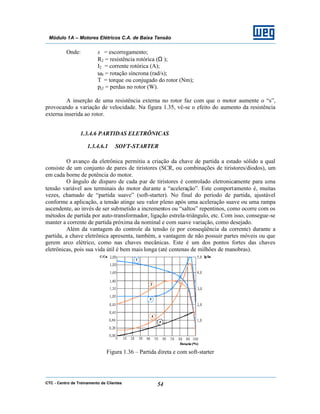 CTC - Centro de Treinamento de Clientes 54
Módulo 1A – Motores Elétricos C.A. de Baixa Tensão
Onde: s = escorregamento;
R2 = resistência rotórica (Ω );
I2 = corrente rotórica (A);
ω0 = rotação síncrona (rad/s);
T = torque ou conjugado do rotor (Nm);
pj2 = perdas no rotor (W).
A inserção de uma resistência externa no rotor faz com que o motor aumente o “s”,
provocando a variação de velocidade. Na figura 1.35, vê-se o efeito do aumento da resistência
externa inserida ao rotor.
1.3.4.6 PARTIDAS ELETRÔNICAS
1.3.4.6.1 SOFT-STARTER
O avanço da eletrônica permitiu a criação da chave de partida a estado sólido a qual
consiste de um conjunto de pares de tiristores (SCR, ou combinações de tiristores/diodos), um
em cada borne de potência do motor.
O ângulo de disparo de cada par de tiristores é controlado eletronicamente para uma
tensão variável aos terminais do motor durante a “aceleração”. Este comportamento é, muitas
vezes, chamado de “partida suave” (soft-starter). No final do período de partida, ajustável
conforme a aplicação, a tensão atinge seu valor pleno após uma aceleração suave ou uma rampa
ascendente, ao invés de ser submetido a incrementos ou “saltos” repentinos, como ocorre com os
métodos de partida por auto-transformador, ligação estrela-triângulo, etc. Com isso, consegue-se
manter a corrente de partida próxima da nominal e com suave variação, como desejado.
Além da vantagem do controle da tensão (e por conseqüência da corrente) durante a
partida, a chave eletrônica apresenta, também, a vantagem de não possuir partes móveis ou que
gerem arco elétrico, como nas chaves mecânicas. Este é um dos pontos fortes das chaves
eletrônicas, pois sua vida útil é bem mais longa (até centenas de milhões de manobras).
Figura 1.36 – Partida direta e com soft-starter
 