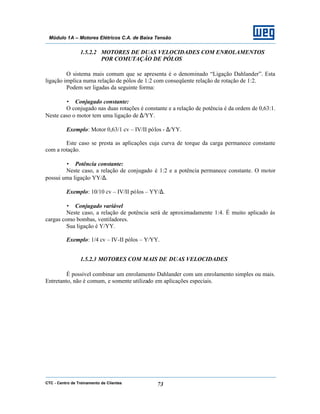 CTC - Centro de Treinamento de Clientes 73
Módulo 1A – Motores Elétricos C.A. de Baixa Tensão
1.5.2.2 MOTORES DE DUAS VELOCIDADES COM ENROLAMENTOS
POR COMUTAÇÃO DE PÓLOS
O sistema mais comum que se apresenta é o denominado “Ligação Dahlander”. Esta
ligação implica numa relação de pólos de 1:2 com conseqüente relação de rotação de 1:2.
Podem ser ligadas da seguinte forma:
• Conjugado constante:
O conjugado nas duas rotações é constante e a relação de potência é da ordem de 0,63:1.
Neste caso o motor tem uma ligação de ∆/YY.
Exemplo: Motor 0,63/1 cv – IV/II pólos - ∆/YY.
Este caso se presta as aplicações cuja curva de torque da carga permanece constante
com a rotação.
• Potência constante:
Neste caso, a relação de conjugado é 1:2 e a potência permanece constante. O motor
possui uma ligação YY/∆.
Exemplo: 10/10 cv – IV/II pólos – YY/∆.
• Conjugado variável
Neste caso, a relação de potência será de aproximadamente 1:4. É muito aplicado às
cargas como bombas, ventiladores.
Sua ligação é Y/YY.
Exemplo: 1/4 cv – IV-II pólos – Y/YY.
1.5.2.3 MOTORES COM MAIS DE DUAS VELOCIDADES
É possível combinar um enrolamento Dahlander com um enrolamento simples ou mais.
Entretanto, não é comum, e somente utilizado em aplicações especiais.
 