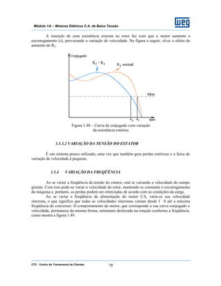 CTC - Centro de Treinamento de Clientes 75
Módulo 1A – Motores Elétricos C.A. de Baixa Tensão
A inserção de uma resistência externa no rotor faz com que o motor aumente o
escorregamento (s), provocando a variação de velocidade. Na figura a seguir, vê-se o efeito do
aumento do R2.
Figura 1.48 – Curva de conjugado com variação
da resistência rotórica
1.5.3.2 VARIAÇÃO DA TENSÃO DO ESTATOR
É um sistema pouco utilizado, uma vez que também gera perdas rotóricas e a faixa de
variação de velocidade é pequena.
1.5.4 VARIAÇÃO DA FREQÜÊNCIA
Ao se variar a freqüência da tensão do estator, está se variando a velocidade do campo
girante. Com isso pode-se variar a velocidade do rotor, mantendo-se constante o escorregamento
da máquina e, portanto, as perdas podem ser otimizadas de acordo com as condições da carga.
Ao se variar a freqüência de alimentação do motor CA, varia-se sua velocidade
síncrona, o que significa que todas as velocidades síncronas variam desde f ≅ 0 até a máxima
freqüência do conversor. O comportamento do motor, que corresponde a sua curva conjugado x
velocidade, permanece da mesma forma, entretanto deslocada na rotação conforme a freqüência,
como mostra a figura 1.49.
 