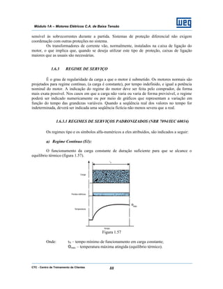 CTC - Centro de Treinamento de Clientes 88
Módulo 1A – Motores Elétricos C.A. de Baixa Tensão
sensível às sobrecorrentes durante a partida. Sistemas de proteção diferencial não exigem
coordenação com outras proteções no sistema.
Os transformadores de corrente vão, normalmente, instalados na caixa de ligação do
motor, o que implica que, quando se deseja utilizar este tipo de proteção, caixas de ligação
maiores que as usuais são necessárias.
1.6.3 REGIME DE SERVIÇO
É o grau de regularidade da carga a que o motor é submetido. Os motores normais são
projetados para regime contínuo, (a carga é constante), por tempo indefinido, e igual a potência
nominal do motor. A indicação do regime do motor deve ser feita pelo comprador, da forma
mais exata possível. Nos casos em que a carga não varia ou varia de forma previsível, o regime
poderá ser indicado numericamente ou por meio de gráficos que representam a variação em
função do tempo das grandezas variáveis. Quando a seqüência real dos valores no tempo for
indeterminada, deverá ser indicada uma seqüência fictícia não menos severa que a real.
1.6.3.1 REGIMES DE SERVIÇOS PADRONIZADOS (NBR 7094/IEC 60034)
Os regimes tipo e os símbolos alfa-numéricos a eles atribuídos, são indicados a seguir:
a) Regime Contínuo (S1):
O funcionamento da carga constante de duração suficiente para que se alcance o
equilíbrio térmico (figura 1.57).
Figura 1.57
Onde: tN – tempo mínimo de funcionamento em carga constante;
Θmáx – temperatura máxima atingida (equilíbrio térmico).
 