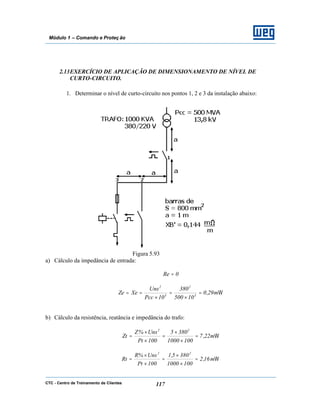 CTC - Centro de Treinamento de Clientes 117
Módulo 1 – Comando e Proteç ão
2.13EXERCÍCIO DE APLICAÇÃO DE DIMENSIONAMENTO DE NÍVEL DE
CURTO-CIRCUITO.
1. Determinar o nível de curto-circuito nos pontos 1, 2 e 3 da instalação abaixo:
Figura 5.93
a) Cálculo da impedância de entrada:
0Re =
Ωm29,0
10500
380
10Pcc
Uns
XeZe 3
2
3
2
=
×
=
×
==
b) Cálculo da resistência, reatância e impedância do trafo:
Ωm22,7
1001000
3805
100Pt
Uns%Z
Zt
22
=
×
×
=
×
×
=
Ωm16,2
1001000
3805,1
100Pt
Uns%R
Rt
22
=
×
×
=
×
×
=
 