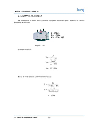CTC - Centro de Treinamento de Clientes 131
Módulo 1 – Comando e Proteç ão
2.16EXEMPLO DE SELEÇÃO
De acordo com os dados abaixo, calcular o disjuntor necessário para a proteção do circuito
de entrada. Considere:
P = 1MVA
Uns = 380V
Z% = 5% = 0,05
Figura 5.120
Corrente nominal:
Uns3
Pt
Ins
×
=
3803
101
Ins
6
×
×
=
A34,1519Ins =
Nível de curto circuito (cálculo simplificado):
%ZUns3
Pt
Ik
××
=
05,03803
101
Ik
6
××
×
=
kA30Ik ≅
 