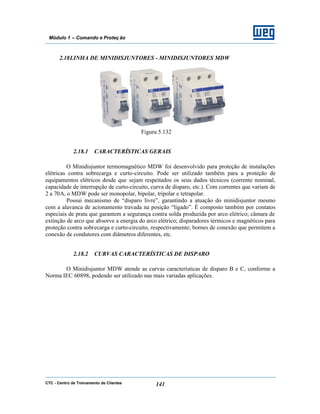 CTC - Centro de Treinamento de Clientes 141
Módulo 1 – Comando e Proteç ão
2.18LINHA DE MINIDISJUNTORES - MINIDISJUNTORES MDW
Figura 5.132
2.18.1 CARACTERÍSTICAS GERAIS
O Minidisjuntor termomagnético MDW foi desenvolvido para proteção de instalações
elétricas contra sobrecarga e curto-circuito. Pode ser utilizado também para a proteção de
equipamentos elétricos desde que sejam respeitados os seus dados técnicos (corrente nominal,
capacidade de interrupção de curto-circuito, curva de disparo, etc.). Com correntes que variam de
2 a 70A, o MDW pode ser monopolar, bipolar, tripolar e tetrapolar.
Possui mecanismo de “disparo livre”, garantindo a atuação do minidisjuntor mesmo
com a alavanca de acionamento travada na posição “ligado”. É composto também por contatos
especiais de prata que garantem a segurança contra solda produzida por arco elétrico; câmara de
extinção de arco que absorve a energia do arco elétrico; disparadores térmicos e magnéticos para
proteção contra sobrecarga e curto-circuito, respectivamente; bornes de conexão que permitem a
conexão de condutores com diâmetros diferentes, etc.
2.18.2 CURVAS CARACTERÍSTICAS DE DISPARO
O Minidisjuntor MDW atende as curvas características de disparo B e C, conforme a
Norma IEC 60898, podendo ser utilizado nas mais variadas aplicações.
 