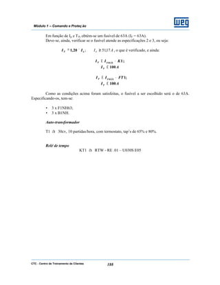 CTC - Centro de Treinamento de Clientes 188
Módulo 1 – Comando e Proteç ão
Em função de Ip e TP, obtém-se um fusível de 63A (IF = 63A).
Deve-se, ainda, verificar se o fusível atende as especificações 2 e 3, ou seja:
nF II ×≥ 20,1 ; AIF 17,51≥ , o que é verificado, e ainda:
;1KII FMÁXF •≤
100AIF ≤
;1FTII FMÁXF •≤
100AIF ≤
Como as condições acima foram satisfeitas, o fusível a ser escolhido será o de 63A.
Especificando-os, tem-se:
• 3 x F1NH63;
• 3 x B1NH.
Auto-transformador
T1 à 30cv, 10 partidas/hora, com termostato, tap’s de 65% e 80%.
Relé de tempo
KT1 à RTW - RE .01 – U030S E05
 