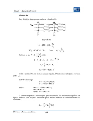 CTC - Centro de Treinamento de Clientes 191
Módulo 1 – Comando e Proteç ão
Contator K4
Para definição deste contator analisa-se a ligação série:
Figura 5.181
EQ
n
R
Z
U
IKIKI === 41
ZZZZEQ ×=+= 2 , logo
Z
U
I n
R
×
=
2
Sabendo-se que 





×=
Z
U
I n
n 2 , então:
nn UIZ ×=× 2 à
2
n
n
IZ
U
×
=
n
n
R I
I
I ×== 25,0
4
IK1 = IK4 = 0,25 x In
Nota: o contator K1 está inserido nas duas ligações. Dimensiona-se este para o pior caso
(0,5 x In).
Relé de sobrecarga
IFT1 = IK1 = 0,5 x In;
IFT2 = IK2 = 0,5 x In
Então: IK1 = IK2 = IK3 = 0,5 x In
IK4 = 0,25 x In
IFT1 = IFT2 = 0,5 x In
A corrente na partida é reduzida para aproximadamente 25% da corrente de partida sob
ligação nominal. Esta relação é verdadeira pelos mesmos motivos do dimensionamento do
contator K4.
25,0×







×= n
n
p
p I
I
I
I
 