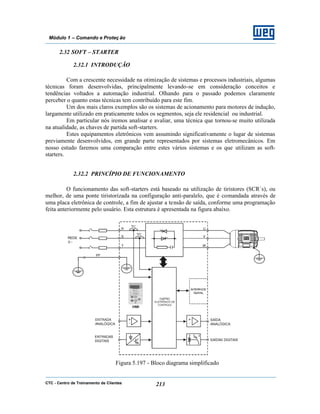 CTC - Centro de Treinamento de Clientes 213
Módulo 1 – Comando e Proteç ão
2.32 SOFT – STARTER
2.32.1 INTRODUÇÃO
Com a crescente necessidade na otimização de sistemas e processos industriais, algumas
técnicas foram desenvolvidas, principalmente levando-se em consideração conceitos e
tendências voltados a automação industrial. Olhando para o passado podemos claramente
perceber o quanto estas técnicas tem contribuído para este fim.
Um dos mais claros exemplos são os sistemas de acionamento para motores de indução,
largamente utilizado em praticamente todos os segmentos, seja ele residencial ou industrial.
Em particular nós iremos analisar e avaliar, uma técnica que tornou-se muito utilizada
na atualidade, as chaves de partida soft-starters.
Estes equipamentos eletrônicos vem assumindo significativamente o lugar de sistemas
previamente desenvolvidos, em grande parte representados por sistemas eletromecânicos. Em
nosso estudo faremos uma comparação entre estes vários sistemas e os que utilizam as soft-
starters.
2.32.2 PRINCÍPIO DE FUNCIONAMENTO
O funcionamento das soft-starters está baseado na utilização de tiristores (SCR´s), ou
melhor, de uma ponte tiristorizada na configuração anti-paralelo, que é comandada através de
uma placa eletrônica de controle, a fim de ajustar a tensão de saída, conforme uma programação
feita anteriormente pelo usuário. Esta estrutura é apresentada na figura abaixo.
Figura 5.197 - Bloco diagrama simplificado
 