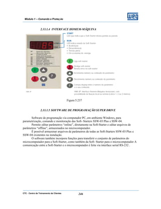CTC - Centro de Treinamento de Clientes 246
Módulo 1 – Comando e Proteç ão
2.33.1.4 INTERFACE HOMEM-MÁQUINA
Figura 5.237
2.33.1.5 SOFTWARE DE PROGRAMAÇÃO SUPER DRIVE
Software de programação via computador PC, em ambiente Windows, para
parametrização, comando e monitoração das Soft- Starters SSW-03 Plus e SSW-04.
Permite editar parâmetros “online”, diretamente na Soft-Starter e editar arquivos de
parâmetros “offline”, armazenados no microcomputador.
É possível armazenar arquivos de parâmetros de todas as Soft-Starters SSW-03 Plus e
SSW-04 existentes na instalação.
O software também incorpora funções para transferir o conjunto de parâmetros do
microcomputador para a Soft-Starter, como também da Soft- Starter para o microcomputador A
comunicação entre a Soft-Starter e o microcomputador é feita via interface serial RS-232 .
 