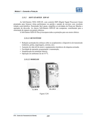 CTC - Centro de Treinamento de Clientes 249
Módulo 1 – Comando e Proteç ão
2.33.2 SOFT-STARTER SSW-05
As Soft-Starters WEG SSW-05, com controle DSP (Digital Signal Processor) foram
projetadas para fornecer ótima performance na partida e parada de motores com excelente
relação custo-belefício. Permitindo fácil ajuste, simplifica as atividades de Posta-em Marcha e
operação do dia-a-dia. As chaves Soft-Starters SSW-05 são compactas, contribuindo para a
otimização de espaços em painéis elétricos.
A Soft-Starter SSW-05 Plus já incorpora todas as proteções para seu motor elétrico.
2.33.2.1 BENEFÍCIOS
• Redução acentuada dos esforços sobre os acoplamentos e dispositivos de transmissão
(redutores, polias, engrenagens, correias, etc);
• Aumento da vida útil do motor e equipamentos mecânicos da máquina acionada;
• Facilidade de operação, programação e manutenção;
• Simplificação da instalação elétrica;
• Operação em ambientes de até 55 0
C.
2.33.2.2 MODELOS
Figura 5.241
 