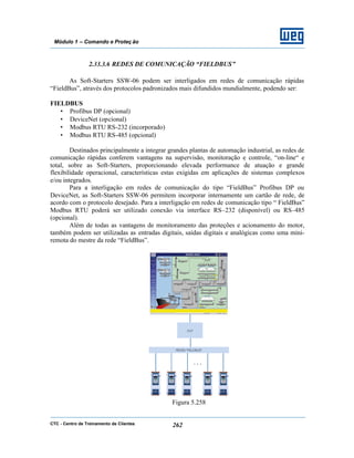 CTC - Centro de Treinamento de Clientes 262
Módulo 1 – Comando e Proteç ão
2.33.3.6 REDES DE COMUNICAÇÃO “FIELDBUS”
As Soft-Starters SSW-06 podem ser interligados em redes de comunicação rápidas
“FieldBus”, através dos protocolos padronizados mais difundidos mundialmente, podendo ser:
FIELDBUS
• Profibus DP (opcional)
• DeviceNet (opcional)
• Modbus RTU RS-232 (incorporado)
• Modbus RTU RS-485 (opcional)
Destinados principalmente a integrar grandes plantas de automação industrial, as redes de
comunicação rápidas conferem vantagens na supervisão, monitoração e controle, “on-line“ e
total, sobre as Soft-Starters, proporcionando elevada performance de atuação e grande
flexibilidade operacional, características estas exigidas em aplicações de sistemas complexos
e/ou integrados.
Para a interligação em redes de comunicação do tipo “FieldBus” Profibus DP ou
DeviceNet, as Soft-Starters SSW-06 permitem incorporar internamente um cartão de rede, de
acordo com o protocolo desejado. Para a interligação em redes de comunicação tipo “ FieldBus”
Modbus RTU poderá ser utilizado conexão via interface RS–232 (disponível) ou RS–485
(opcional).
Além de todas as vantagens de monitoramento das proteções e acionamento do motor,
também podem ser utilizadas as entradas digitais, saídas digitais e analógicas como uma mini-
remota do mestre da rede “FieldBus”.
Figura 5.258
 