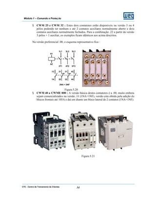 CTC - Centro de Treinamento de Clientes 34
Módulo 1 – Comando e Proteç ão
§ CWM 25 e CWM 32 : Estes dois contatores estão disponíveis na versão 3 ou 4
pólos podendo ter nenhum e até 2 contatos auxiliares normalmente aberto e dois
contatos auxiliares normalmente fechados. Para a combinação .22 a partir da versão
3 pólos + 1 auxiliar, os exemplos ficam idênticos aos acima descritos.
Na versão preferencial .00, o esquema representativo fica :
Figura 5.20
§ CWM 40 a CWME 800 : A versão básica destes contatores é a .00, muito embora
sejam comercializados na versão .11 (1NA+1NF), versão esta obtida pela adição de
blocos frontais até 105A e daí em diante um bloco lateral de 2 contatos (1NA+1NF).
Figura 5.21
1L1 3L2 5L3
2T1 4T2 6T3
A2
A1
13
14
21
22
43
44
31
32
2NA + 2NF
 