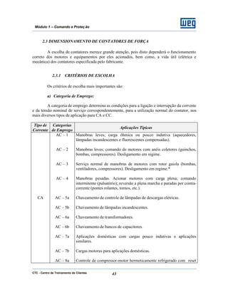 CTC - Centro de Treinamento de Clientes 43
Módulo 1 – Comando e Proteç ão
2.3 DIMENSIONAMENTO DE CONTATORES DE FORÇA
A escolha de contatores merece grande atenção, pois disto dependerá o funcionamento
correto dos motores e equipamentos por eles acionados, bem como, a vida útil (elétrica e
mecânica) dos contatores especificada pelo fabricante.
2.3.1 CRITÉRIOS DE ESCOLHA
Os critérios de escolha mais importantes são:
a) Categoria de Emprego:
A categoria de emprego determina as condições para a ligação e interrupção da corrente
e da tensão nominal de serviço correspondentemente, para a utilização normal do contator, nos
mais diversos tipos de aplicação para CA e CC.
Tipo de
Corrente
Categorias
de Emprego
Aplicações Típicas
CA
AC – 1
AC – 2
AC – 3
AC – 4
AC – 5a
AC – 5b
AC – 6a
AC – 6b
AC – 7a
AC – 7b
AC – 8a
Manobras leves; carga ôhmica ou pouco indutiva (aquecedores,
lâmpadas incandescentes e fluorescentes compensadas).
Manobras leves; comando de motores com anéis coletores (guinchos,
bombas, compressores). Desligamento em regime.
Serviço normal de manobras de motores com rotor gaiola (bombas,
ventiladores, compressores). Desligamento em regime.*
Manobras pesadas. Acionar motores com carga plena; comando
intermitente (pulsatório); reversão a plena marcha e paradas por contra-
corrente (pontes rolantes, tornos, etc.).
Chaveamento de controle de lâmpadas de descargas elétricas.
Chaveamento de lâmpadas incandescentes.
Chaveamento de transformadores.
Chaveamento de bancos de capacitores.
Aplicações domésticas com cargas pouco indutivas e aplicações
similares.
Cargas motoras para aplicações domésticas.
Controle de compressor-motor hermeticamente refrigerado com reset
 