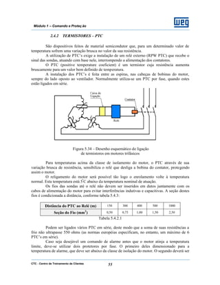 CTC - Centro de Treinamento de Clientes 55
Módulo 1 – Comando e Proteç ão
2.4.2 TERMISTORES – PTC
São dispositivos feitos de material semicondutor que, para um determinado valor de
temperatura sofrem uma variação brusca no valor da sua resistência.
A utilização de PTC’s exige a instalação de um relé externo (RPW PTC) que recebe o
sinal das sondas, atuando com base nele, interrompendo a alimentação dos contatores.
O PTC (positive temperature coeficient) é um termistor cuja resistência aumenta
bruscamente para um valor bem definido de temperatura.
A instalação dos PTC’s é feita entre as espiras, nas cabeças de bobinas do motor,
sempre do lado oposto ao ventilador. Normalmente utiliza-se um PTC por fase, quando estes
estão ligados em série.
Figura 5.34 – Desenho esquemático de ligação
de termistores em motores trifásicos
Para temperaturas acima da classe de isolamento do motor, o PTC através de sua
variação brusca de resistência, sensibiliza o relé que desliga a bobina do contator, protegendo
assim o motor.
O religamento do motor será possível tão logo o enrolamento volte à temperatura
normal. Esta temperatura está 5º
C abaixo da temperatura nominal de atuação.
Os fios das sondas até o relé não devem ser inseridos em dutos juntamente com os
cabos de alimentação do motor para evitar interferências indutivas e capacitivas. A seção destes
fios é condicionada a distância, conforme tabela 5.4.3:
Distância do PTC ao Relé (m) 150 300 400 500 1000
Seção do Fio (mm2
) 0,50 0,75 1,00 1,50 2,50
Tabela 5.4.2.1
Podem ser ligados vários PTC em série, deste modo que a soma de suas resistências a
frio não ultrapasse 550 ohms (as normas européias especificam, no entanto, um máximo de 6
PTC’s em série).
Caso seja desejável um comando de alarme antes que o motor atinja a temperatura
limite, deve-se utilizar dois protetores por fase. O primeiro deles dimensionado para a
temperatura de alarme, que deve ser abaixo da classe de isolação do motor. O segundo deverá ser
 